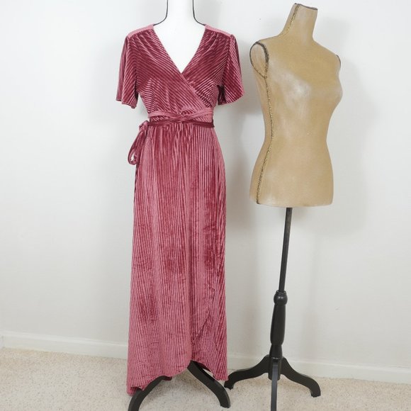 Baltic Born Red Rust Ribbed Velvet Tie Belt Short Sleeve SZ L Maxi Dress NWT - Picture 1 of 9